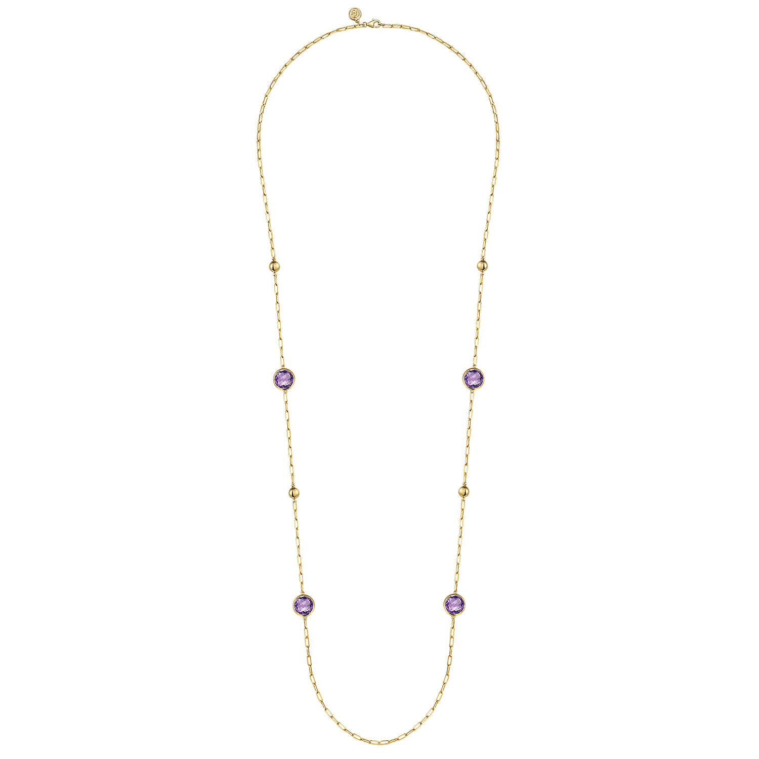 14K Yellow Gold Amethyst Round Shape Necklace With Four Stations Beads and Bezel Setting - Shot 2