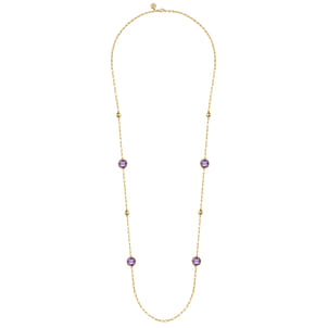 14K Yellow Gold Amethyst Round Shape Necklace With Four Stations Beads and Bezel Setting