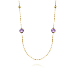 14K Yellow Gold Amethyst Round Shape Necklace with Four Stations Beads and Bezel Setting