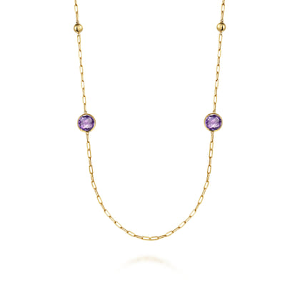14K Yellow Gold Amethyst Round Shape Necklace with Four Stations Beads and Bezel Setting