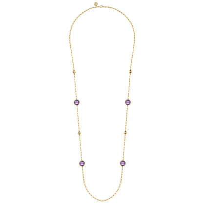 14K Yellow Gold Amethyst Round Shape Necklace with Four Stations Beads and Bezel Setting