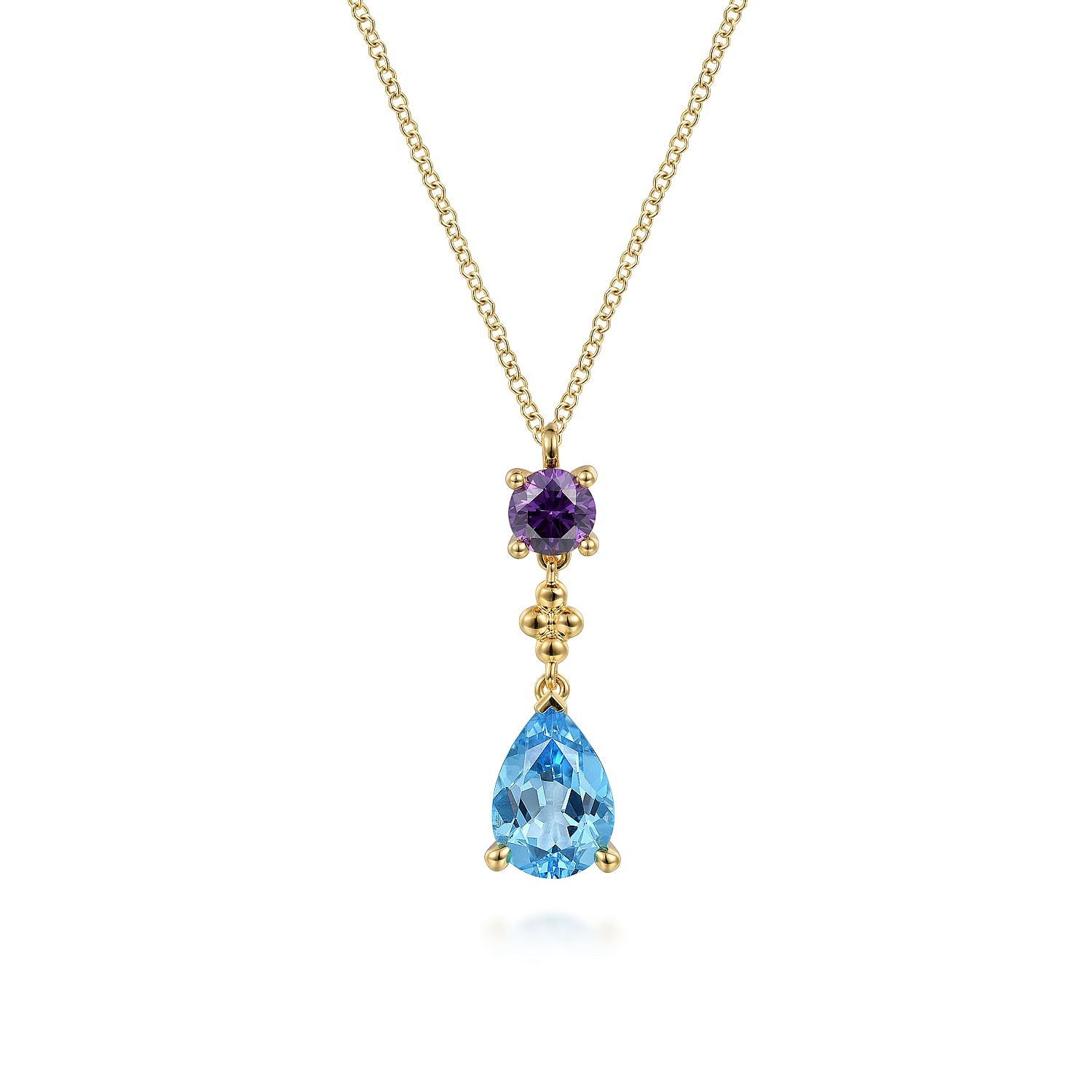 14K Yellow Gold Amethyst and Blue Topaz Pendant Drop Necklace
