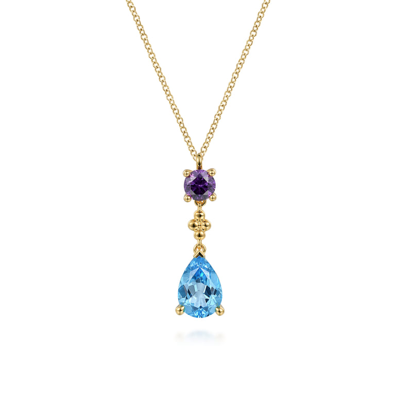 14K Yellow Gold Amethyst and Blue Topaz Teardrop Pendant Necklace - Shot 1