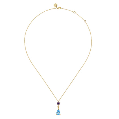 14K Yellow Gold Amethyst and Blue Topaz Teardrop Pendant Necklace