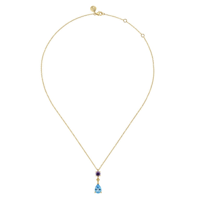 14K Yellow Gold Amethyst and Blue Topaz Teardrop Pendant Necklace - Shot 2