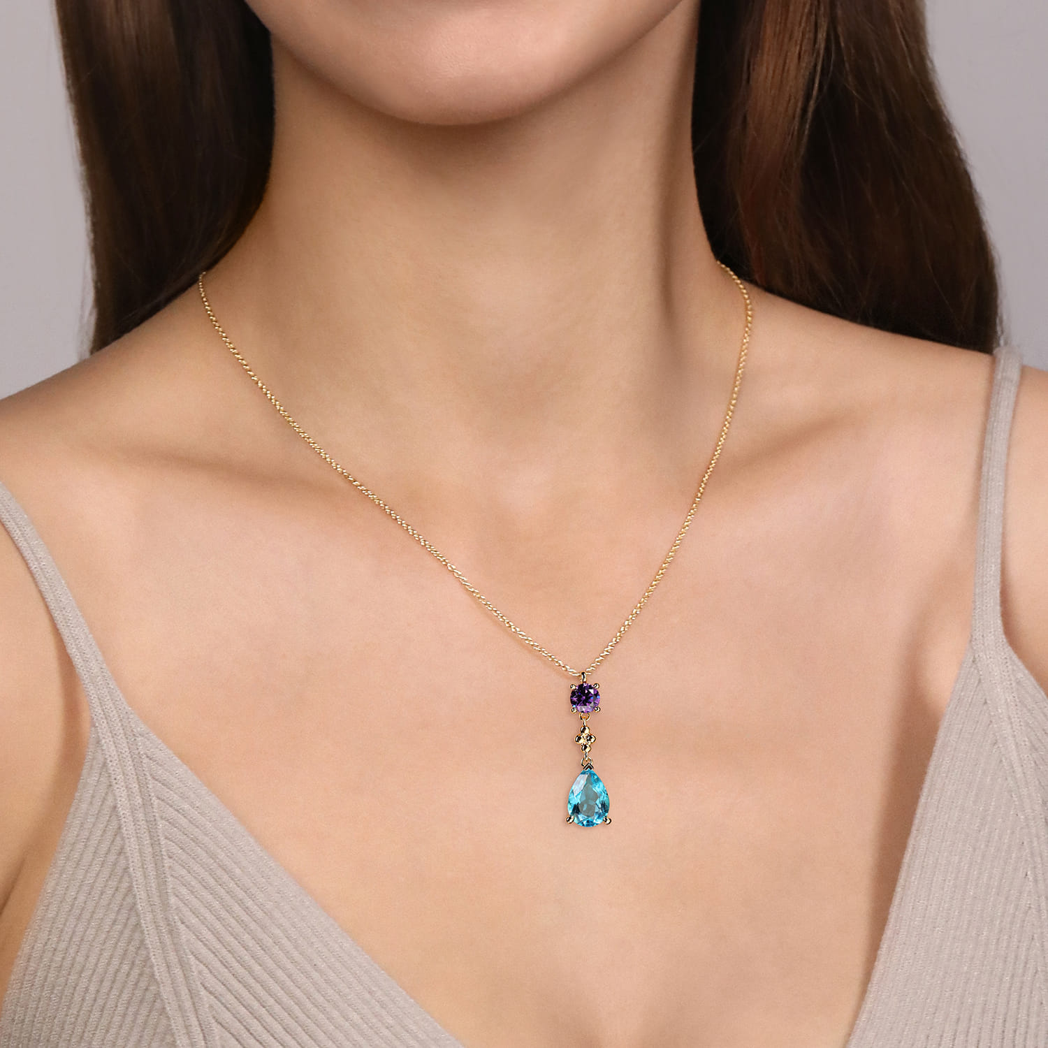 14K Yellow Gold Amethyst and Blue Topaz Teardrop Pendant Necklace