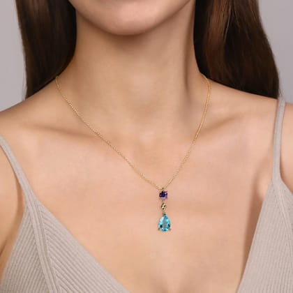 14K Yellow Gold Amethyst and Blue Topaz Teardrop Pendant Necklace