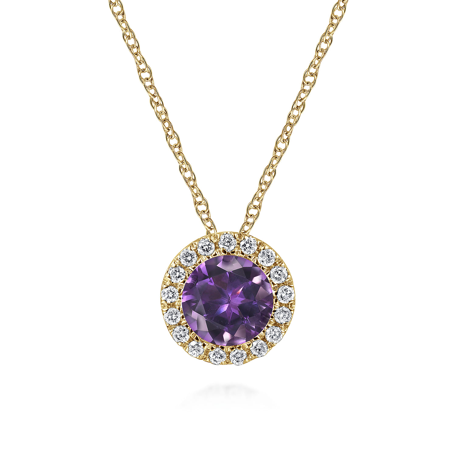 14K Yellow Gold Amethyst and Diamond Halo Pendant Necklace - 0.07 ct - Shot 1