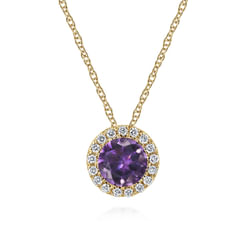 14K Yellow Gold Amethyst and Diamond Halo Pendant Necklace