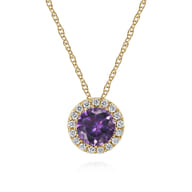 14K Yellow Gold Amethyst and Diamond Halo Pendant Necklace