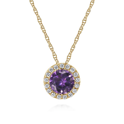 14K Yellow Gold Amethyst and Diamond Halo Pendant Necklace