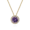 14K Yellow Gold Amethyst and Diamond Halo Pendant Necklace - 0.07 ct