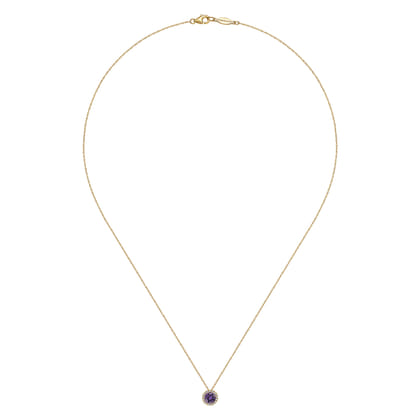 14K Yellow Gold Amethyst and Diamond Halo Pendant Necklace