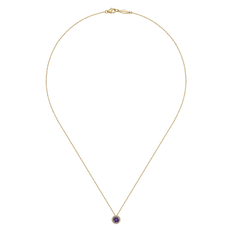 14K Yellow Gold Amethyst and Diamond Halo Pendant Necklace - 0.07 ct - Shot 2