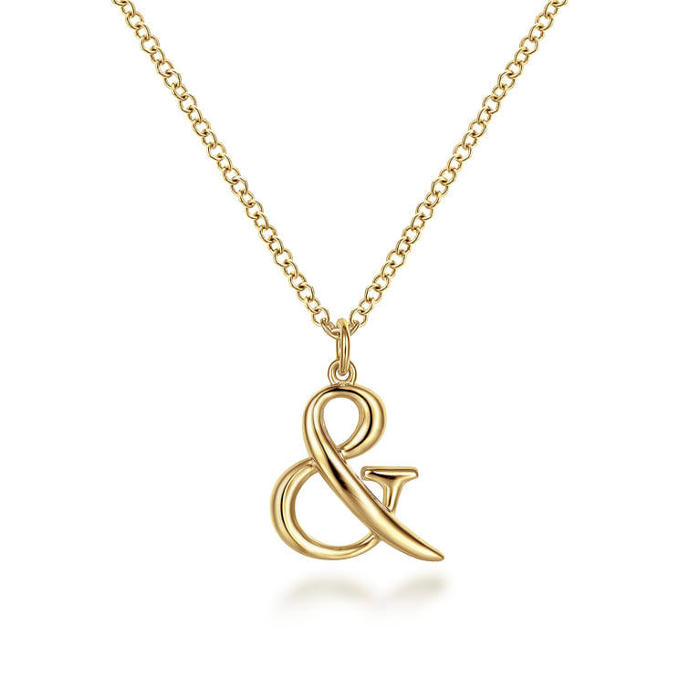 14K Yellow Gold Ampersand Pendant Necklace with Bezel Set Diamond Drop - 0.02 ct - Shot 1