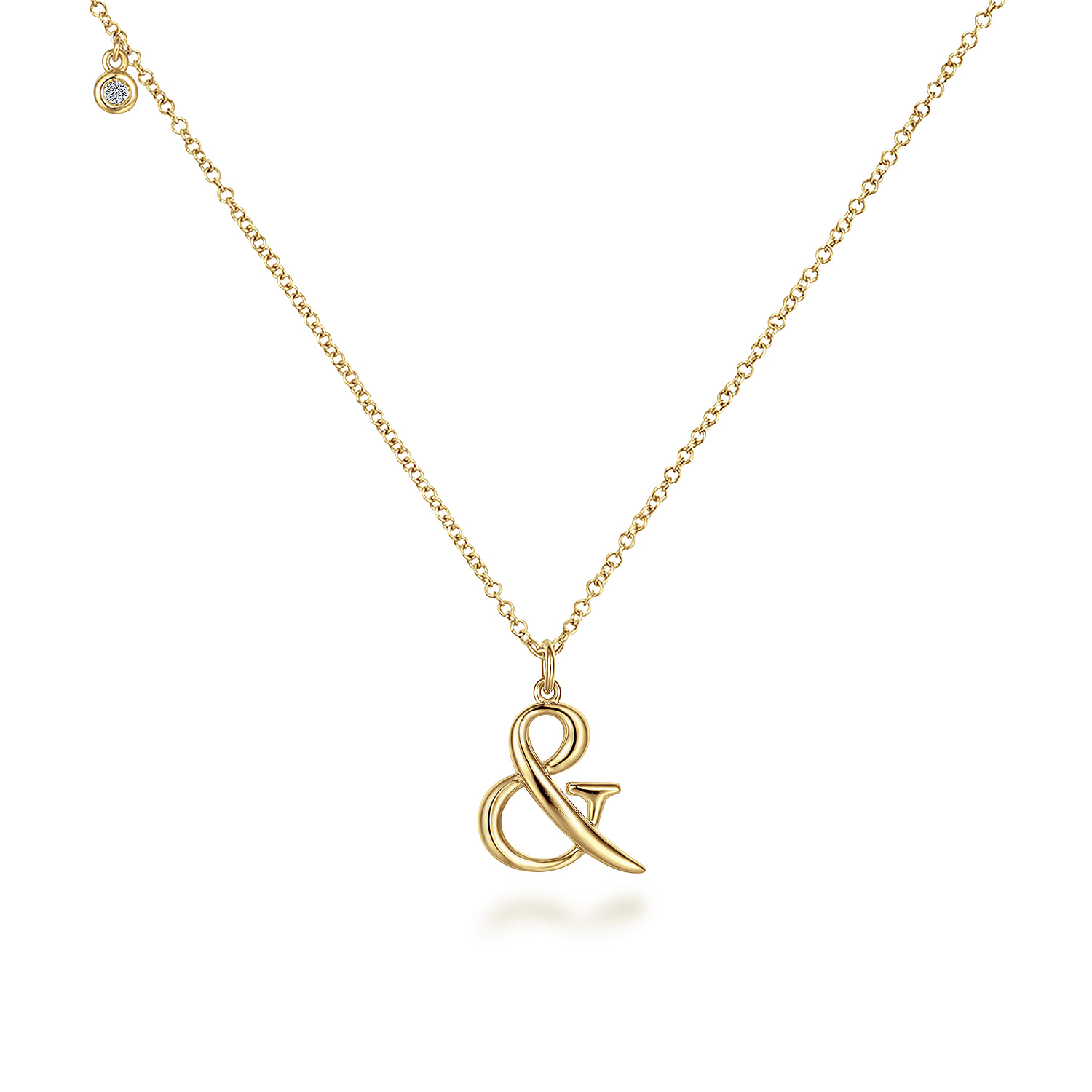 14K Yellow Gold Ampersand Pendant Necklace with Bezel Set Diamond Drop - 0.02 ct - Shot 2