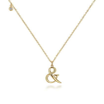 14K Yellow Gold Ampersand Pendant Necklace with Bezel Set Diamond Drop
