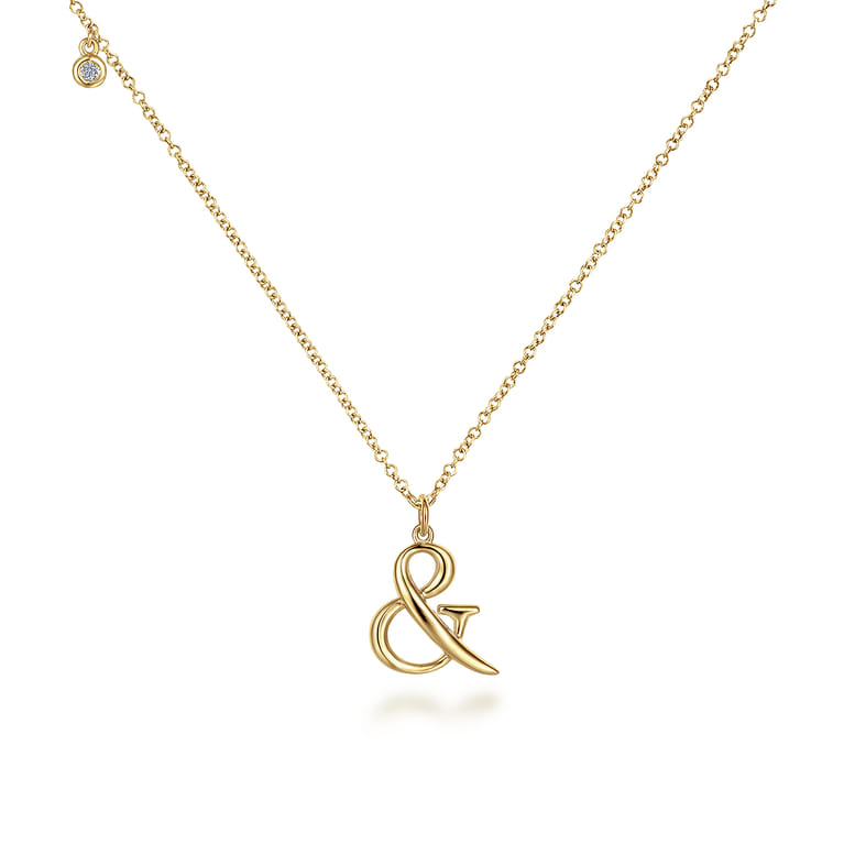 14K Yellow Gold Ampersand Pendant Necklace with Bezel Set Diamond Drop - 0.02 ct - Shot 2
