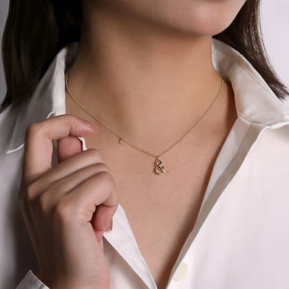 14K Yellow Gold Ampersand Pendant Necklace with Bezel Set Diamond Drop