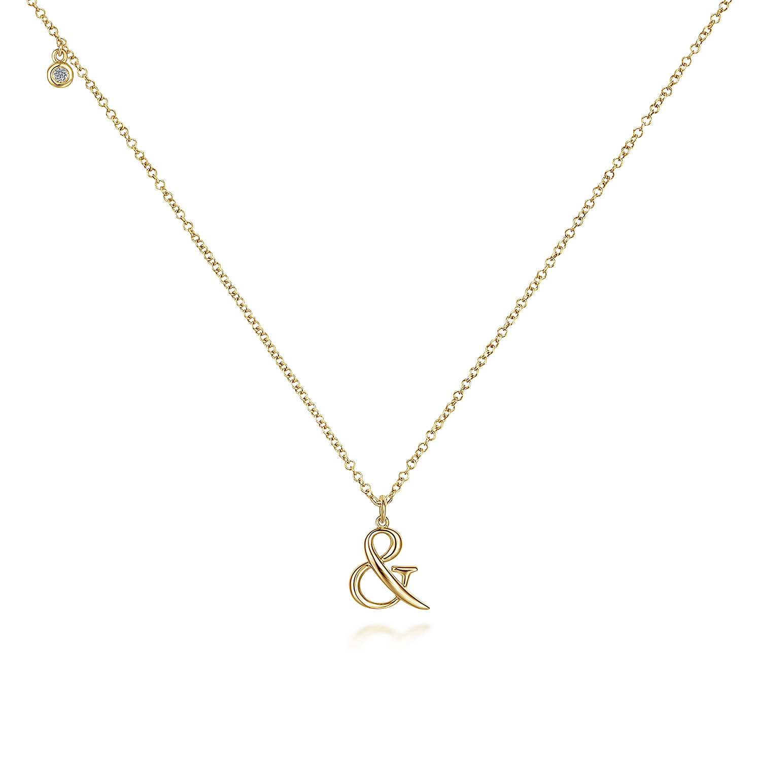 14K Yellow Gold Ampersand Pendant Necklace with Bezel Set Diamond Drop - 0.02 ct - Shot 2