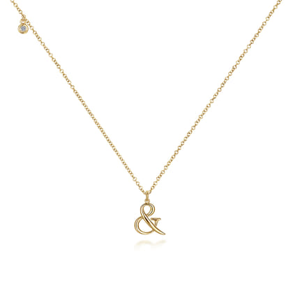 14K Yellow Gold Ampersand Pendant Necklace with Bezel Set Diamond Drop