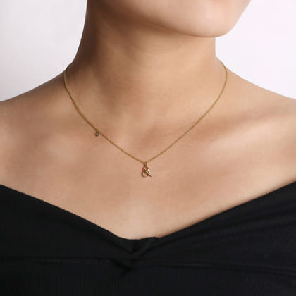14K Yellow Gold Ampersand Pendant Necklace with Bezel Set Diamond Drop
