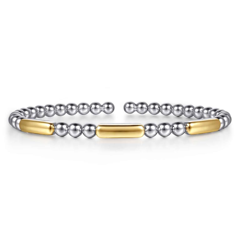 14K Yellow Gold And 925 Sterling Silver Three Station Bar Bujukan Bangle Bracelet - Shot 1