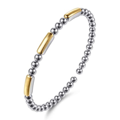 14K Yellow Gold And 925 Sterling Silver Three Station Bar Bujukan Bangle Bracelet