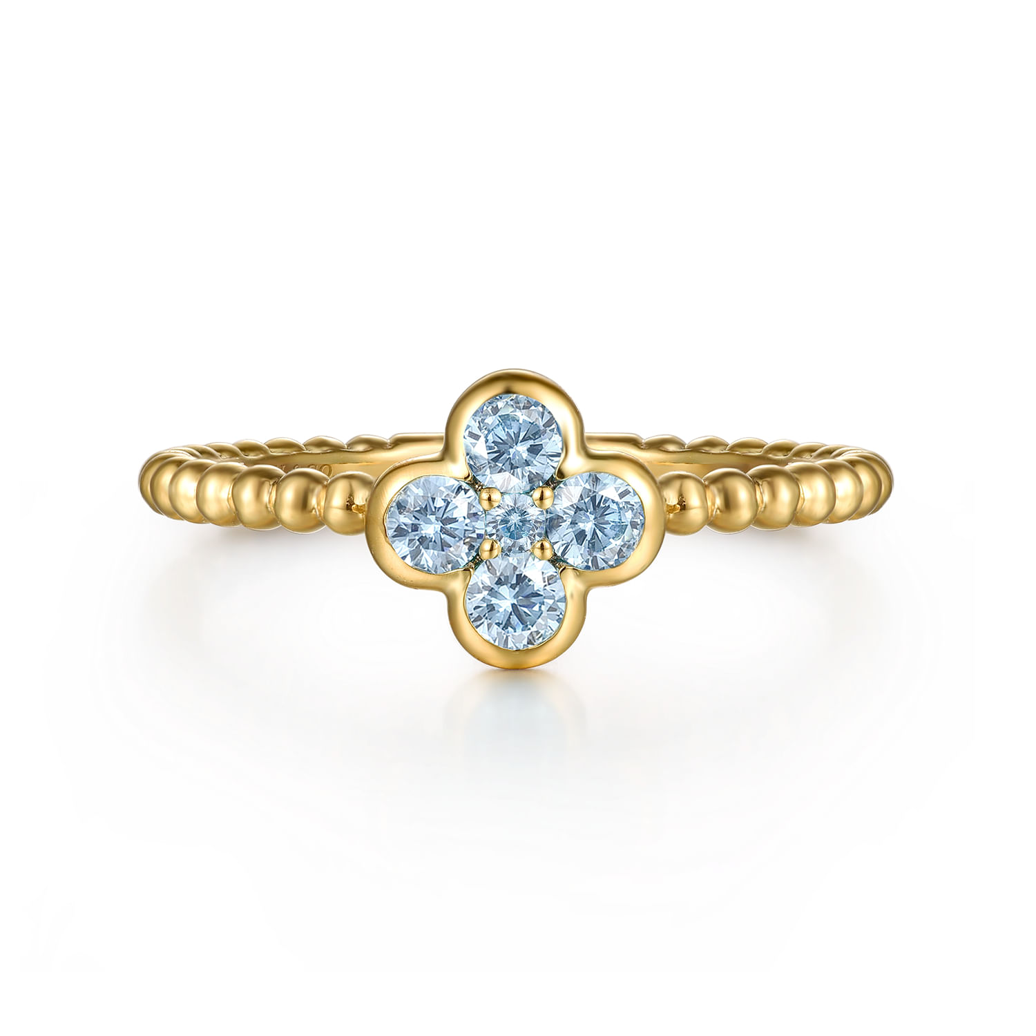 14K Yellow Gold Aquamarine Cluster Clover and Bujukan Bead Stackable Ring