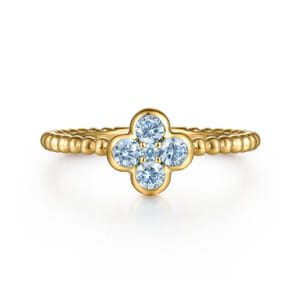 14K Yellow Gold Aquamarine Cluster Clover and Bujukan Bead Stackable Ring
