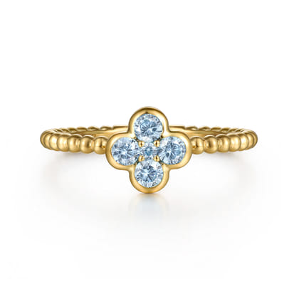 14K Yellow Gold Aquamarine Cluster Clover and Bujukan Bead Stackable Ring