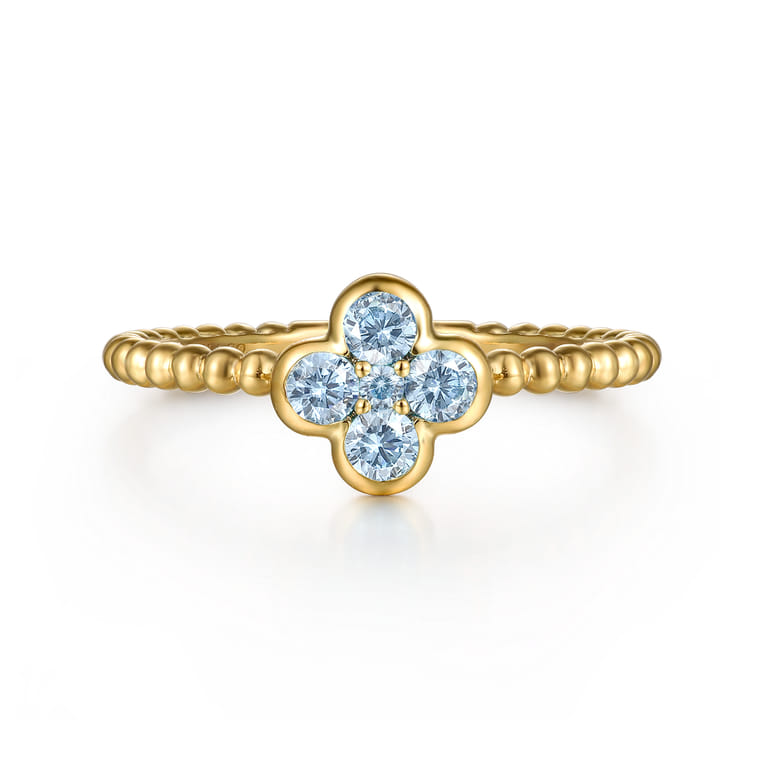 14K Yellow Gold Aquamarine Cluster Clover and Bujukan Bead Stackable Ring - Shot 1