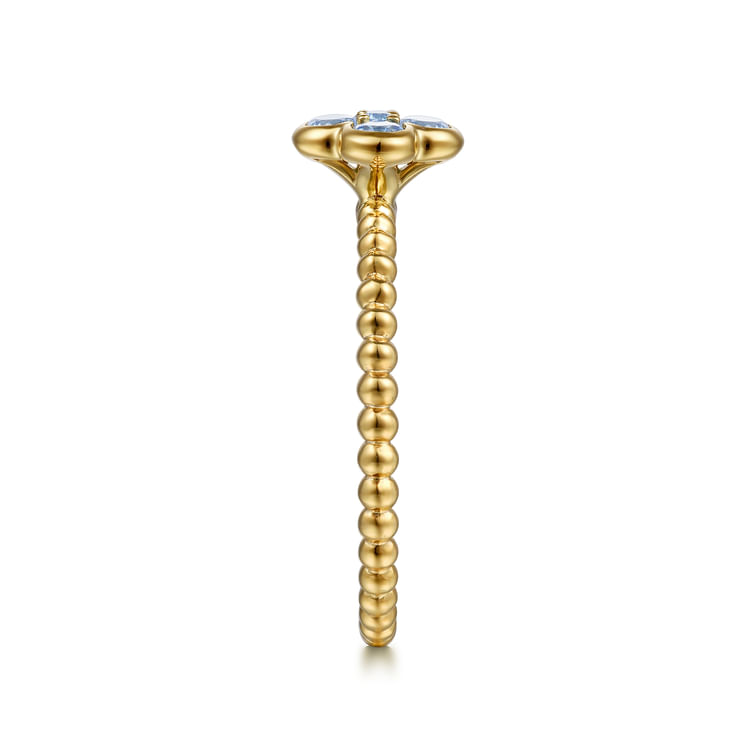 14K Yellow Gold Aquamarine Cluster Clover and Bujukan Bead Stackable Ring