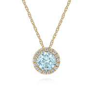 14K Yellow Gold Aquamarine and Diamond Halo Pendant Necklace