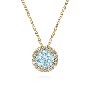 14K Yellow Gold Aquamarine and Diamond Halo Pendant Necklace