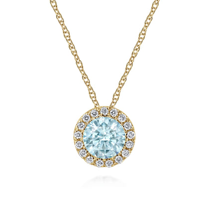 14K Yellow Gold Aquamarine and Diamond Halo Pendant Necklace