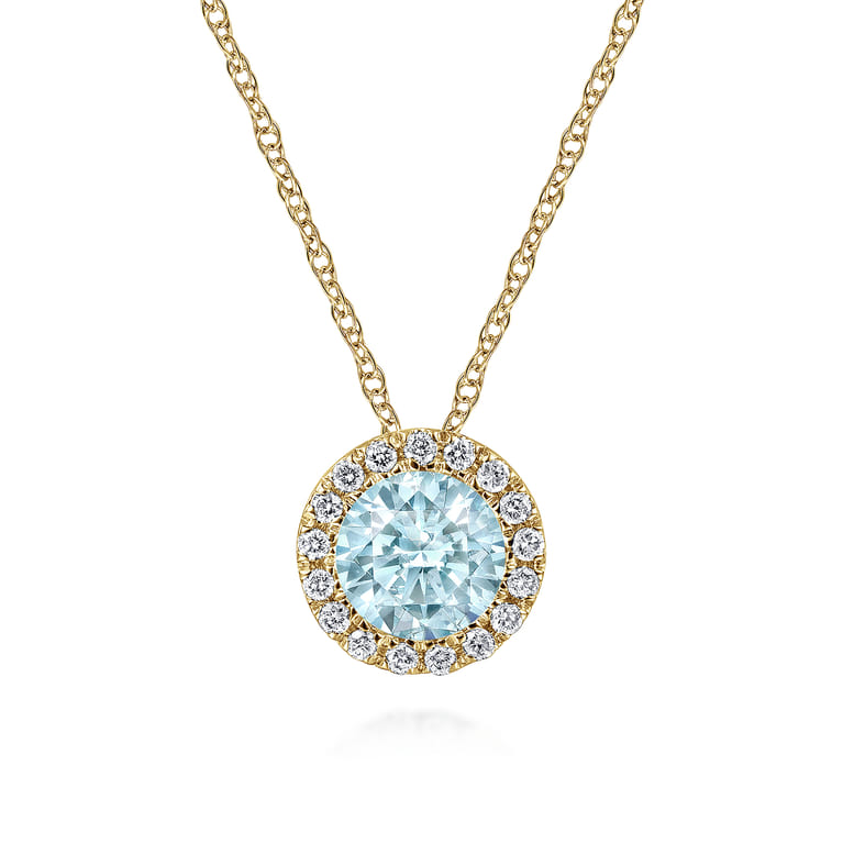 14K Yellow Gold Aquamarine and Diamond Halo Pendant Necklace - 0.07 ct - Shot 1