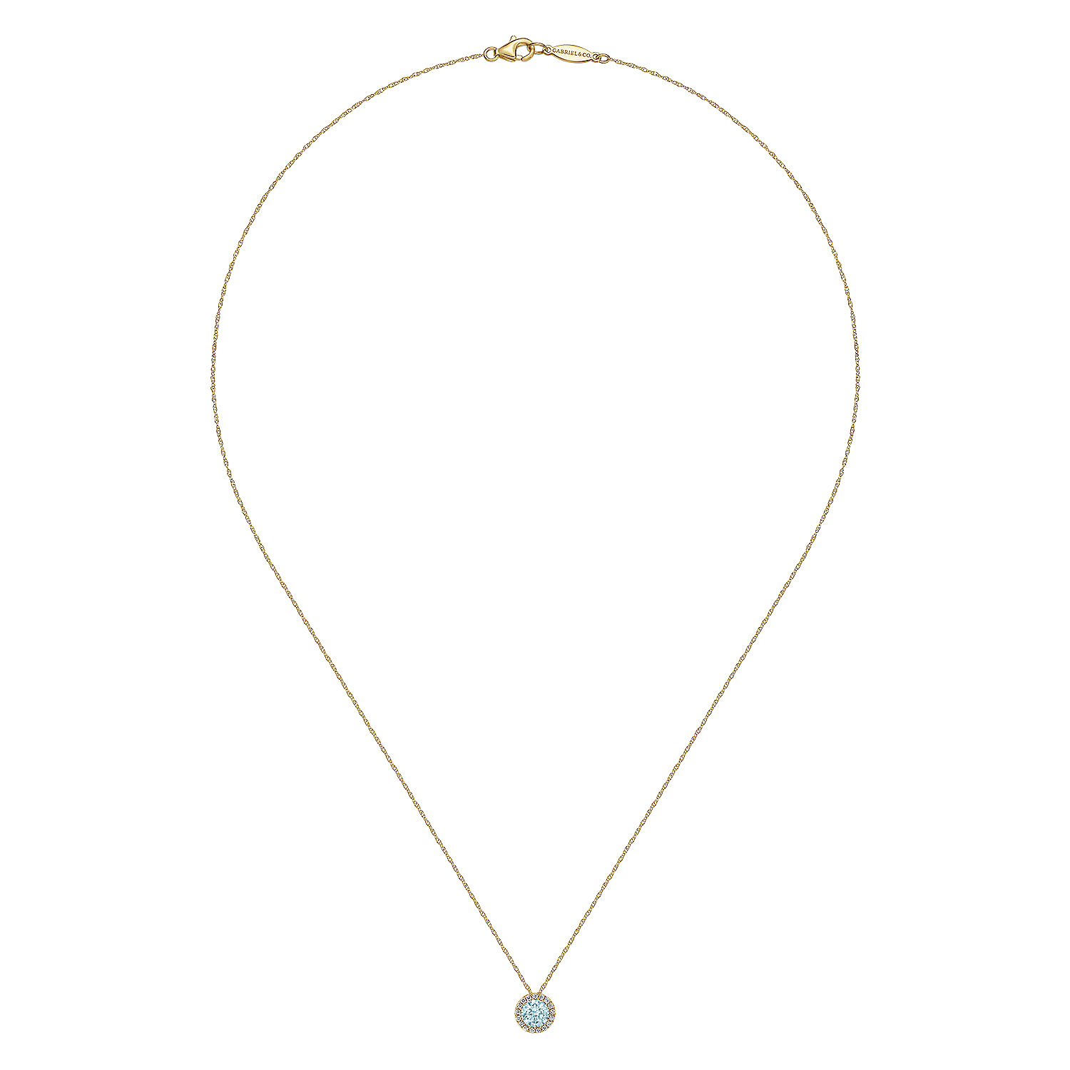 14K Yellow Gold Aquamarine and Diamond Halo Pendant Necklace