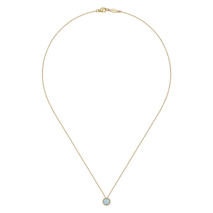 14K Yellow Gold Aquamarine and Diamond Halo Pendant Necklace