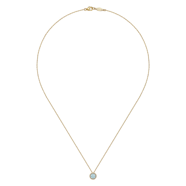 14K Yellow Gold Aquamarine and Diamond Halo Pendant Necklace - 0.07 ct - Shot 2