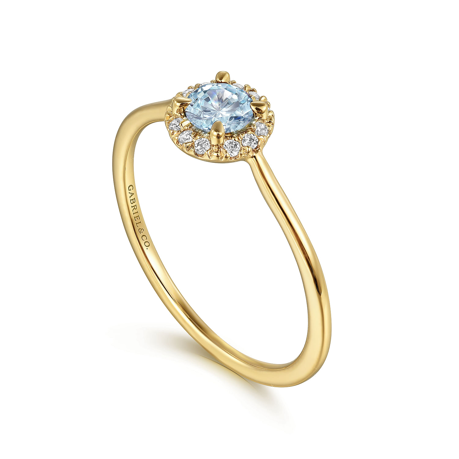 14K Yellow Gold Aquamarine and Diamond Halo Promise Ring - 0.06 ct - Shot 3