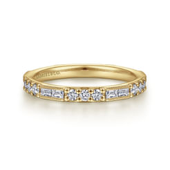 14K Yellow Gold Baguette and Round Diamond Stackable Ring