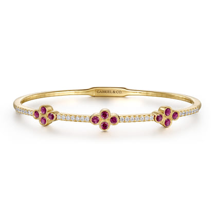 14K Yellow Gold Bangle with Diamond and Ruby Quatrefoil Stations