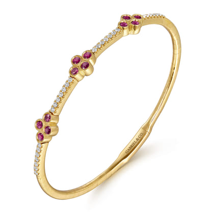 14K Yellow Gold Bangle with Diamond and Ruby Quatrefoil Stations