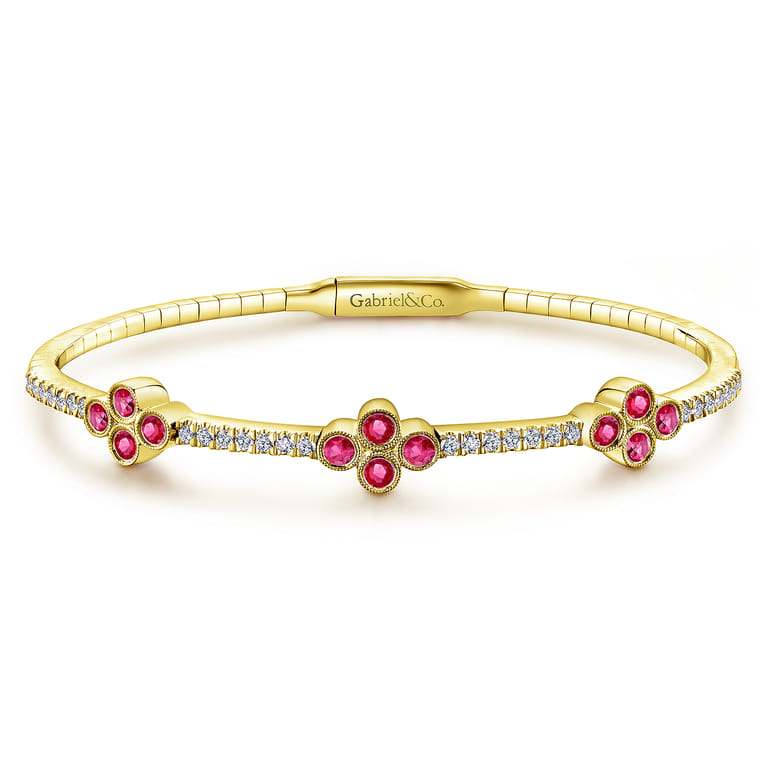 14K Yellow Gold Bangle with Diamond and Ruby Quatrefoil Stations - 0.4 ct - Shot 1