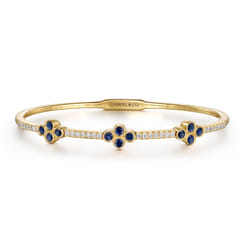 14K Yellow Gold Bangle with Diamond and Sapphire Quatrefoil Stations