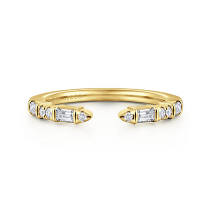 14K Yellow Gold Bar Set baguette and U Setting Round Diamond Open Anniversary Band