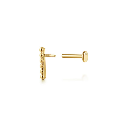 14K Yellow Gold Beaded Bar Single Flatback Stud Earring