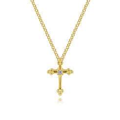 14K Yellow Gold Beaded Diamond Cross Pendant Necklace