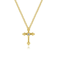 14K Yellow Gold Beaded Diamond Cross Pendant Necklace